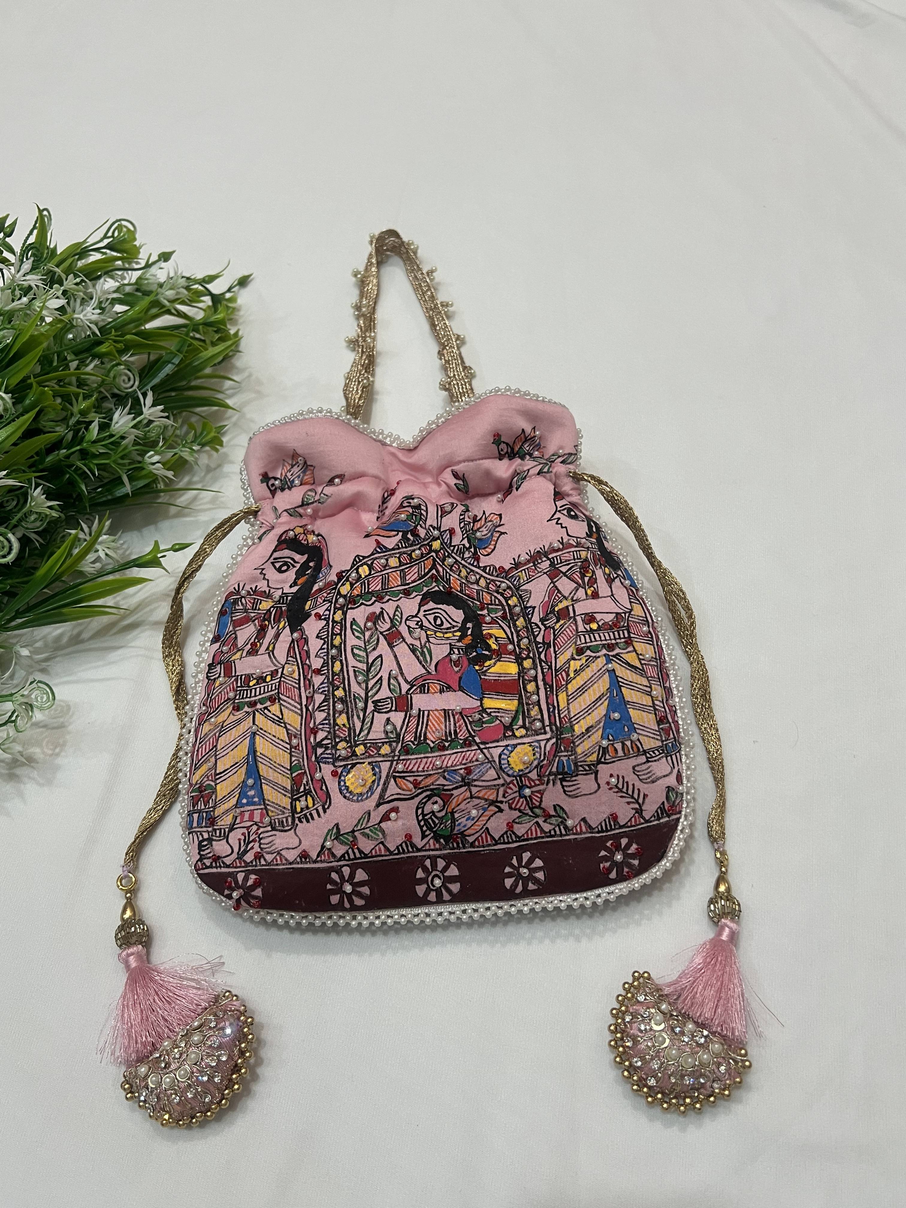 Hand-Painted Madhubani Pink Potli with Doli Ka Haar Motif